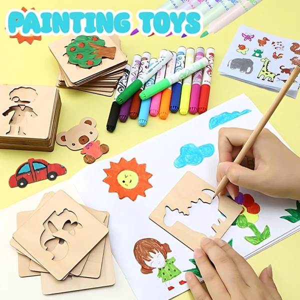 Educational Toys Children Montessori Stencils Painting Wooden Toys DIY Learning Drawing